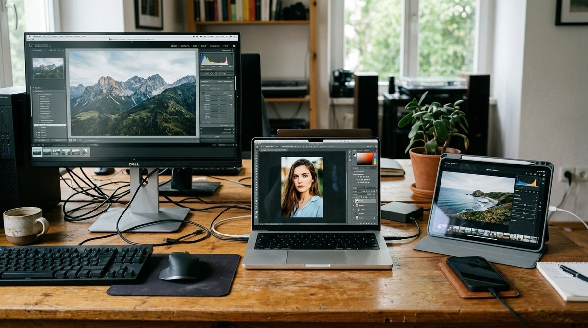 Comparación visual de programas de edición fotográfica en distintas plataformas: PC Windows, MacBook y tablet con apps móviles Comparativa de software de edición en Windows, Mac y tablet mostrando diferentes licencias
