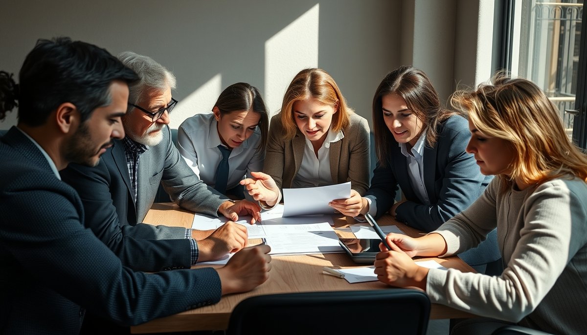 Profesionales diversos trabajando en equipo con materiales de planificación estratégica para procesos de reestructuración Equipo multidisciplinario colaborando en planificación estratégica de reestructuración empresarial