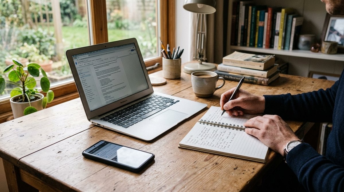 Análisis SEO y test de velocidad web en laptop con vista móvil en smartphone