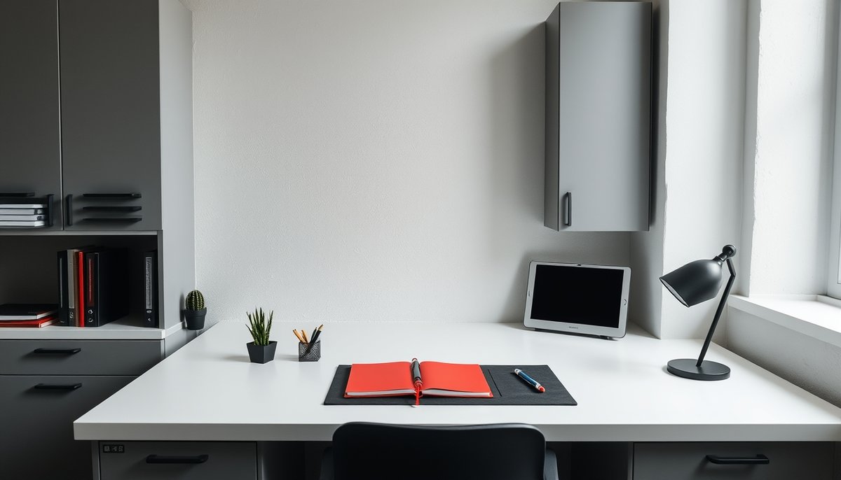Oficina equilibrada con base neutral blanca, negra y gris complementada por elementos rojos y azules estratégicos Espacio de trabajo minimalista con colores neutros y acentos coloridos