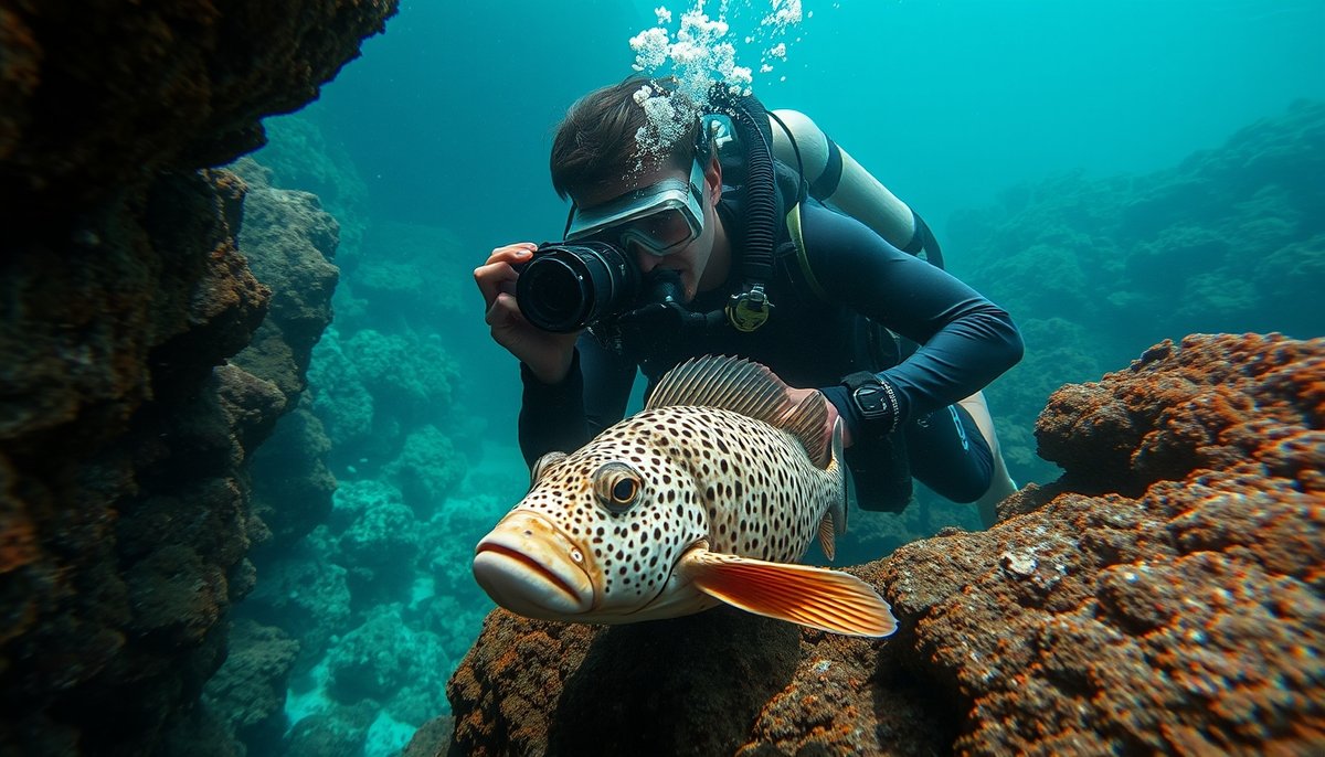 Buceador profesional explorando las profundidades de la reserva marina de Tabarca con equipamiento completo Buceo profesional Tabarca reserva marina mero equipo completo aguas cristalinas