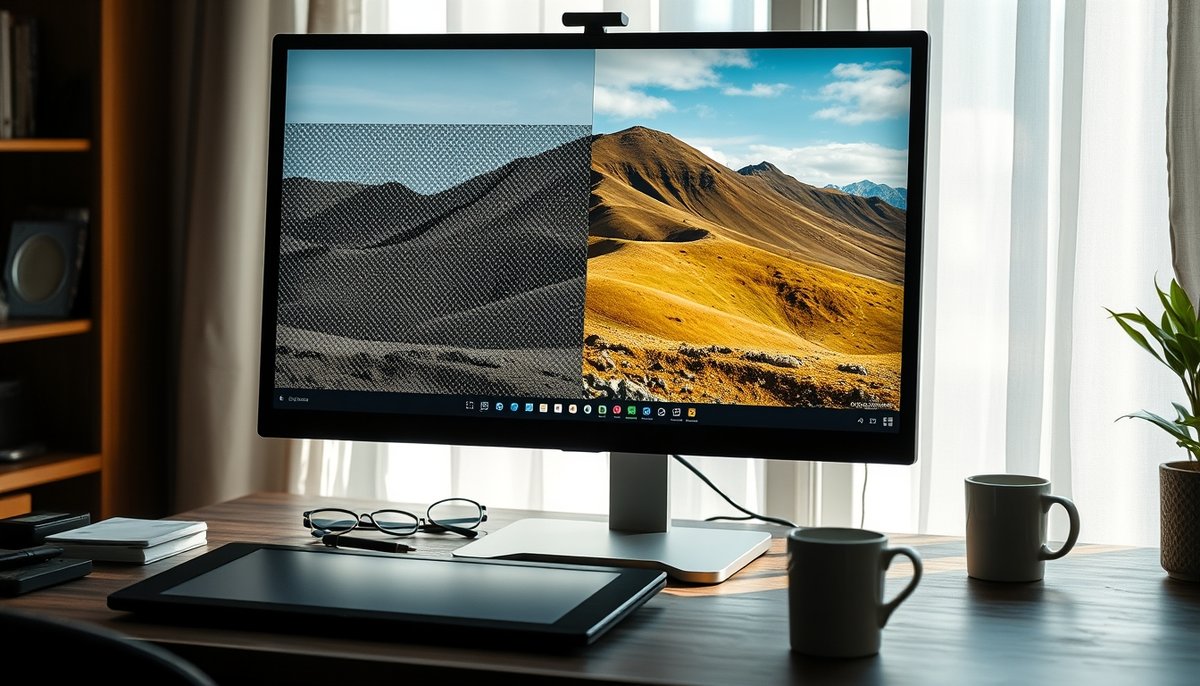 Interfaz de software profesional para mejorar calidad de fotos con inteligencia artificial en monitor de ordenador Software profesional de mejora de imágenes con IA mostrando comparación antes/después