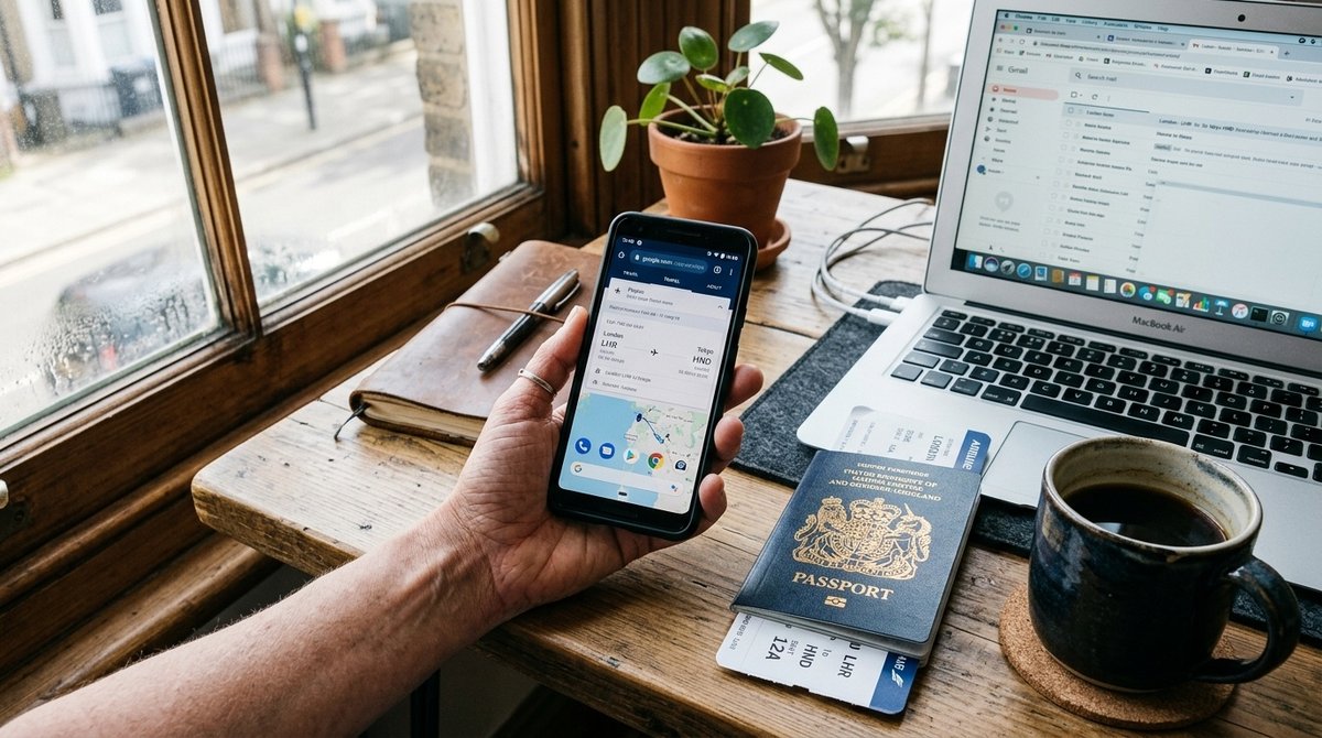 Viajero completando solicitud ESTA digital en teléfono móvil con pasaporte y documentos sobre escritorio de oficina Formulario ESTA en smartphone para solicitud de autorización de viaje a Estados Unidos