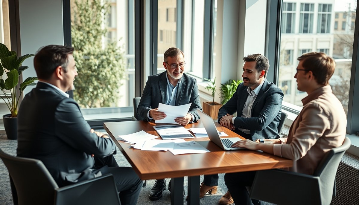 Consultor Nexen Capital asesorando a fundadores de startup en oficina moderna luminosa
