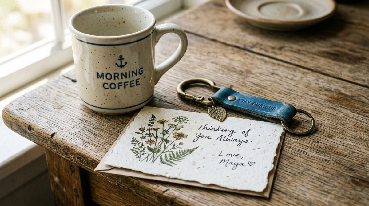 Detalle de regalos personalizados para papá: taza de café vintage con texto divertido y llavero azul sobre superficie rústica Taza personalizada vintage y llavero azul, regalos Día del Padre