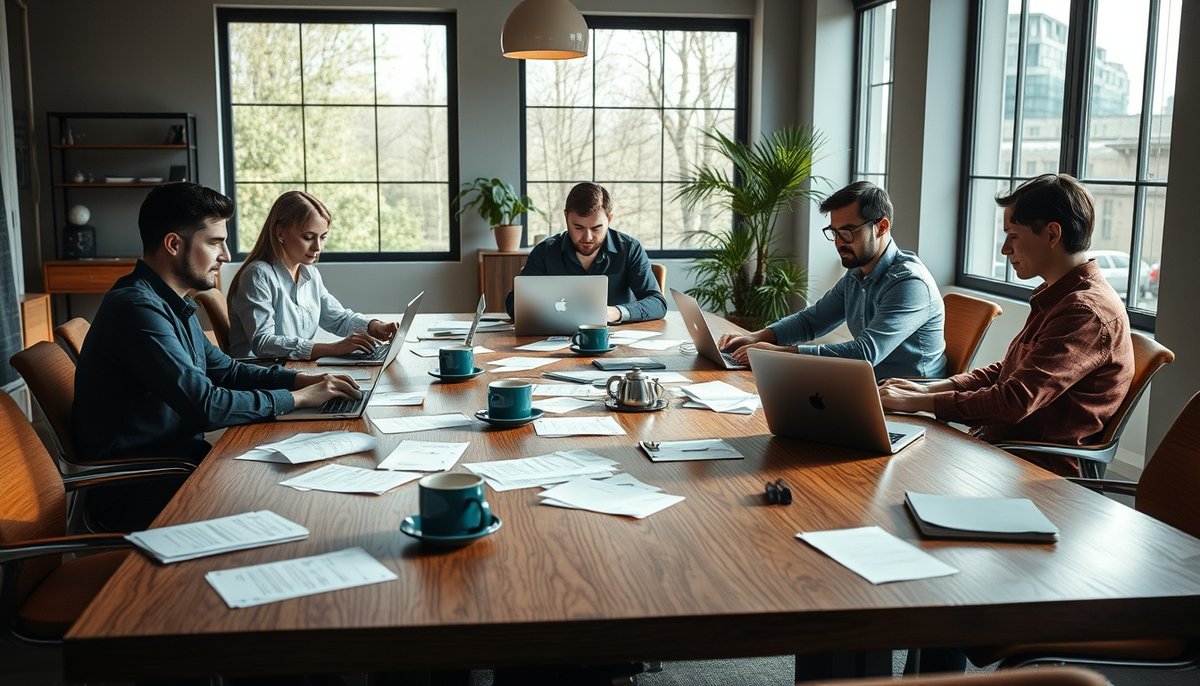 Emprendedores preparando documentos financieros en oficina moderna para crear data room startup