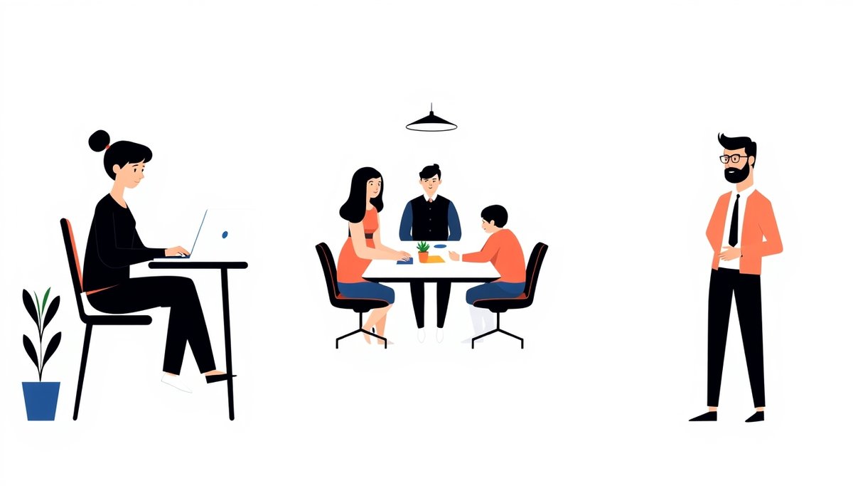 Ilustración de los tipos de usuarios que más se benefician del hosting especializado: freelancers, agencias y empresarios Tres perfiles de usuarios ideales para hosting especializado: diseñador, agencia y emprendedor