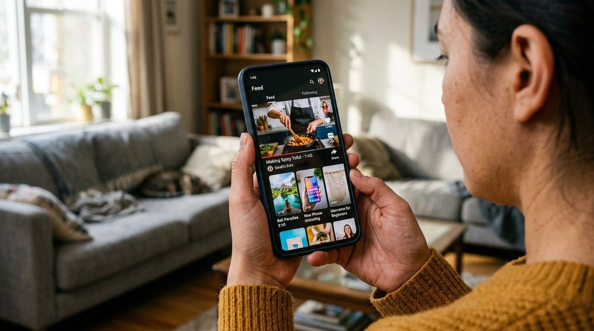 Smartphone mostrando feed de YouTube Shorts en formato vertical con videos y métricas de engagement