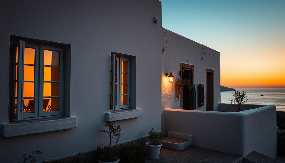 Fachada de hostal mediterráneo en Tabarca al atardecer, con terraza íntima y vistas panorámicas al mar para dormir en la isla Hostal tradicional en Tabarca al atardecer con terraza y vistas al mar Mediterráneo