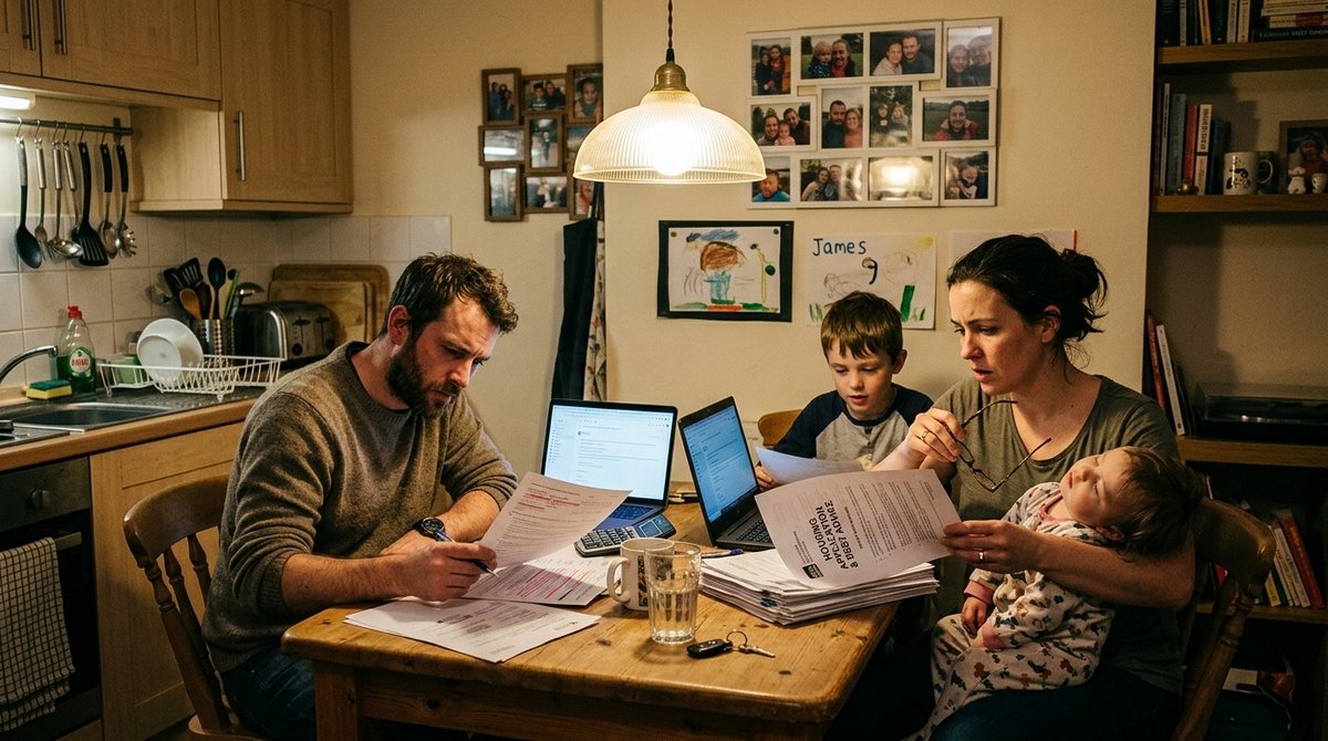 Familia revisando documentación para proceso de reagrupación familiar y reunificación en España Familia reunida revisando papeles de reagrupación familiar en España