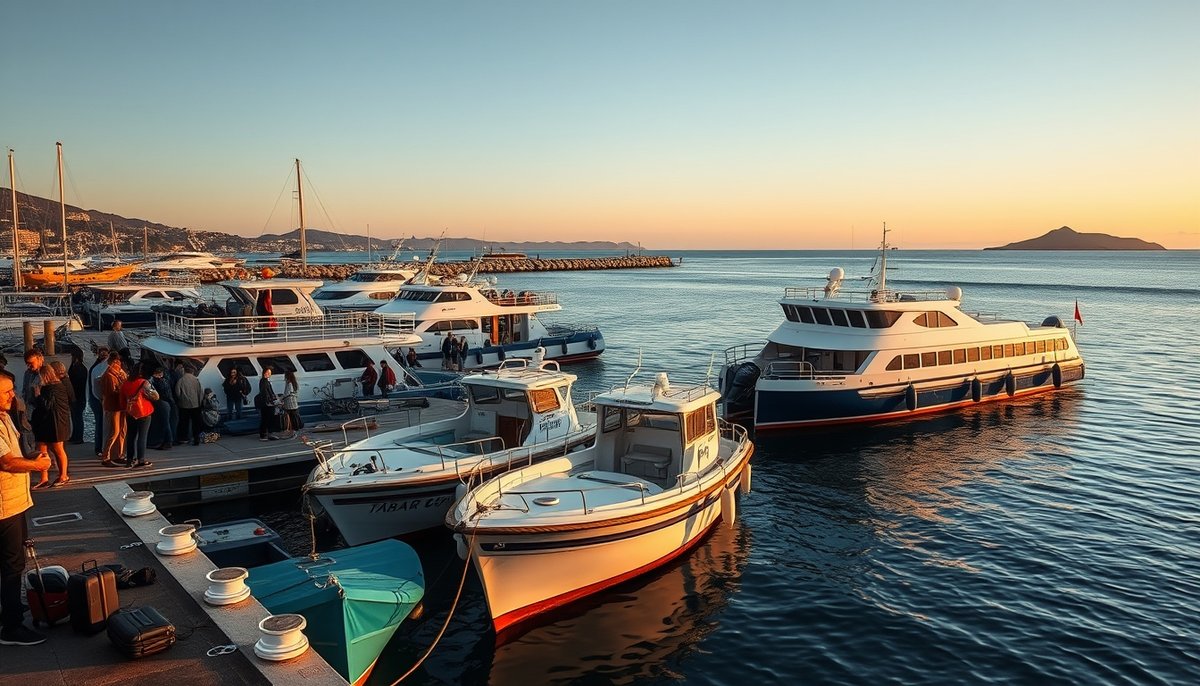 Puerto de Santa Pola al amanecer con ferris hacia Tabarca y turistas preparados para el viaje a la isla mediterránea Ferry desde Santa Pola a Tabarca al amanecer con turistas esperando embarque
