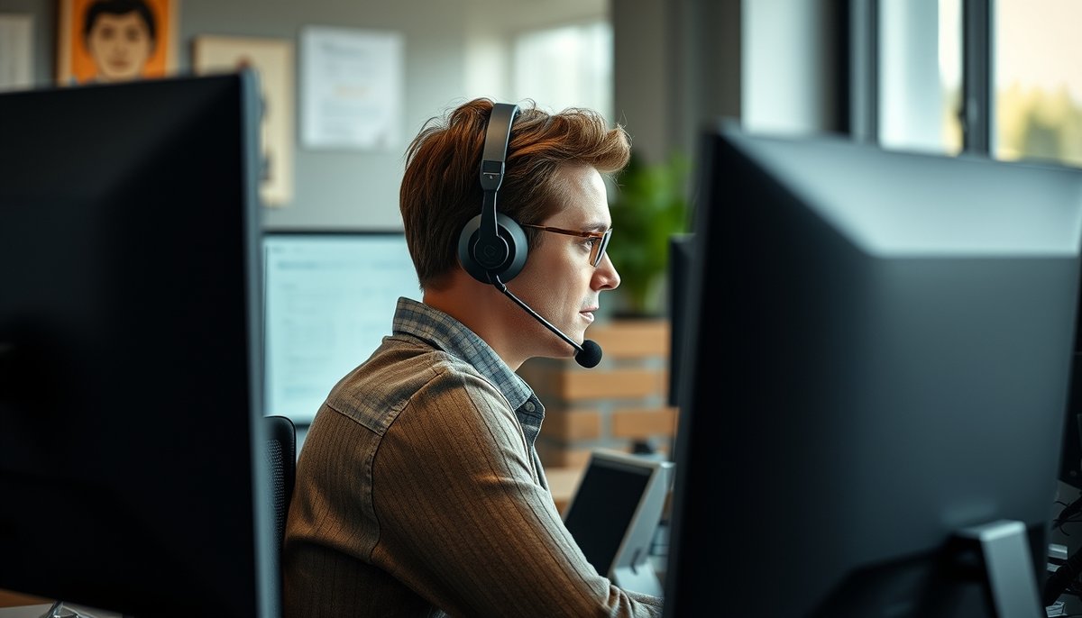 Representante de atención al cliente usando chatbot IA mientras atiende llamadas