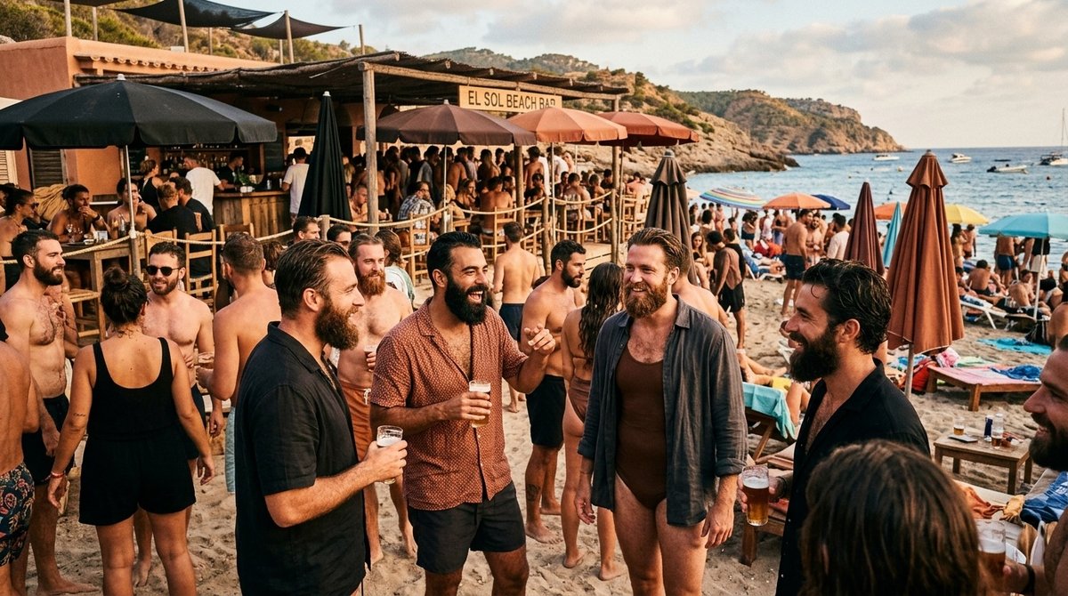 Multitud diversa celebrando Bear festival en costa mediterránea con ambiente festivo y banderas del orgullo Celebración Bear festival en playa mediterránea con banderas arcoíris