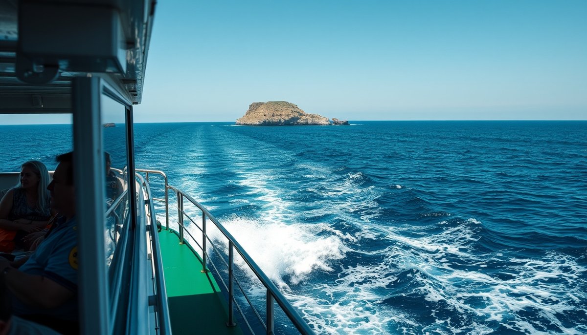 Barco regular Santa Pola-Tabarca navegando con pasajeros y isla en el horizonte
