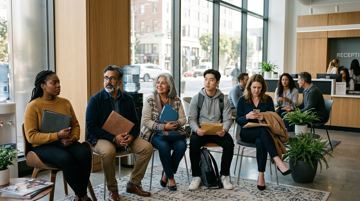 Clientes inmigrantes esperando consulta con abogado especializado en extranjería en oficina moderna española Personas de distintas nacionalidades en sala de espera de despacho de abogados de extranjería en España