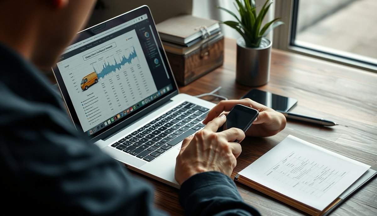 Persona investigando información vehicular en múltiples dispositivos representando dificultad de encontrar datos sobre marcas automotrices menores Investigación información vehículos dispositivos foros reviews marcas desconocidas