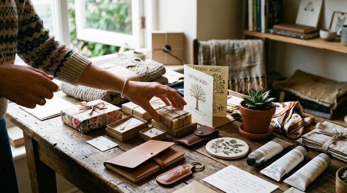 Proceso de elección del regalo perfecto: manos seleccionando entre diversos regalos personalizados para el Día del Padre Selección de regalos personalizados Día del Padre sobre mesa