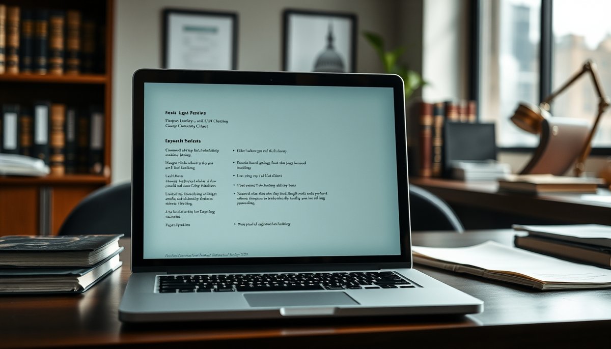 Interfaz de blog legal profesional mostrando diversos formatos de contenido: guías, casos prácticos y recursos descargables Blog jurídico con guías prácticas y casos de estudio en pantalla de laptop