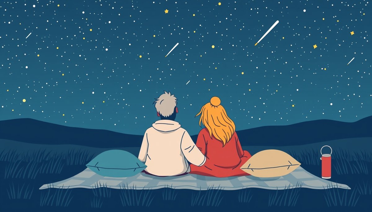 Pareja observando estrellas juntos en cita nocturna romántica al aire libre