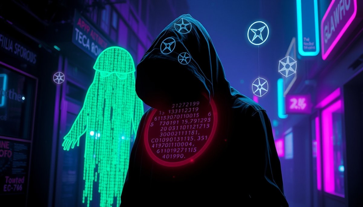 Figura misteriosa Satoshi Nakamoto rodeada de código holográfico Bitcoin