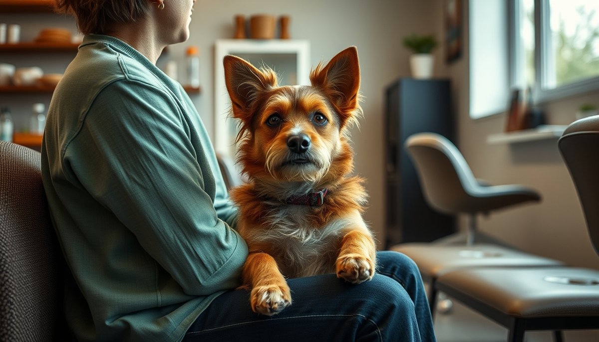 Dueño de perro revisando reseñas de peluquería canina en smartphone