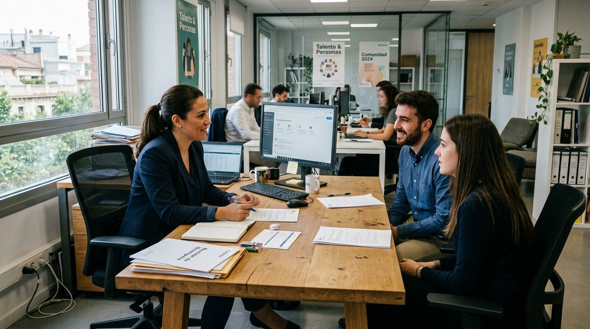 Proceso de solicitud de autorización de trabajo por cuenta ajena en oficina española con documentos y contratos laborales Profesional de RRHH revisando contratos laborales para permisos de trabajo en España