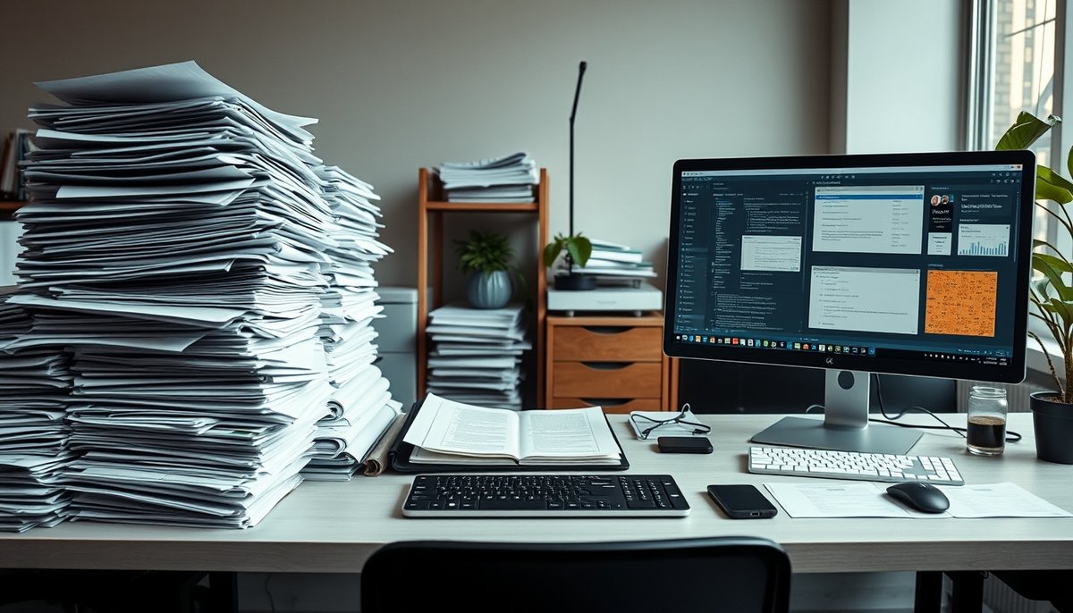 Contraste entre documentos bancarios tradicionales y plataformas digitales de financiación moderna