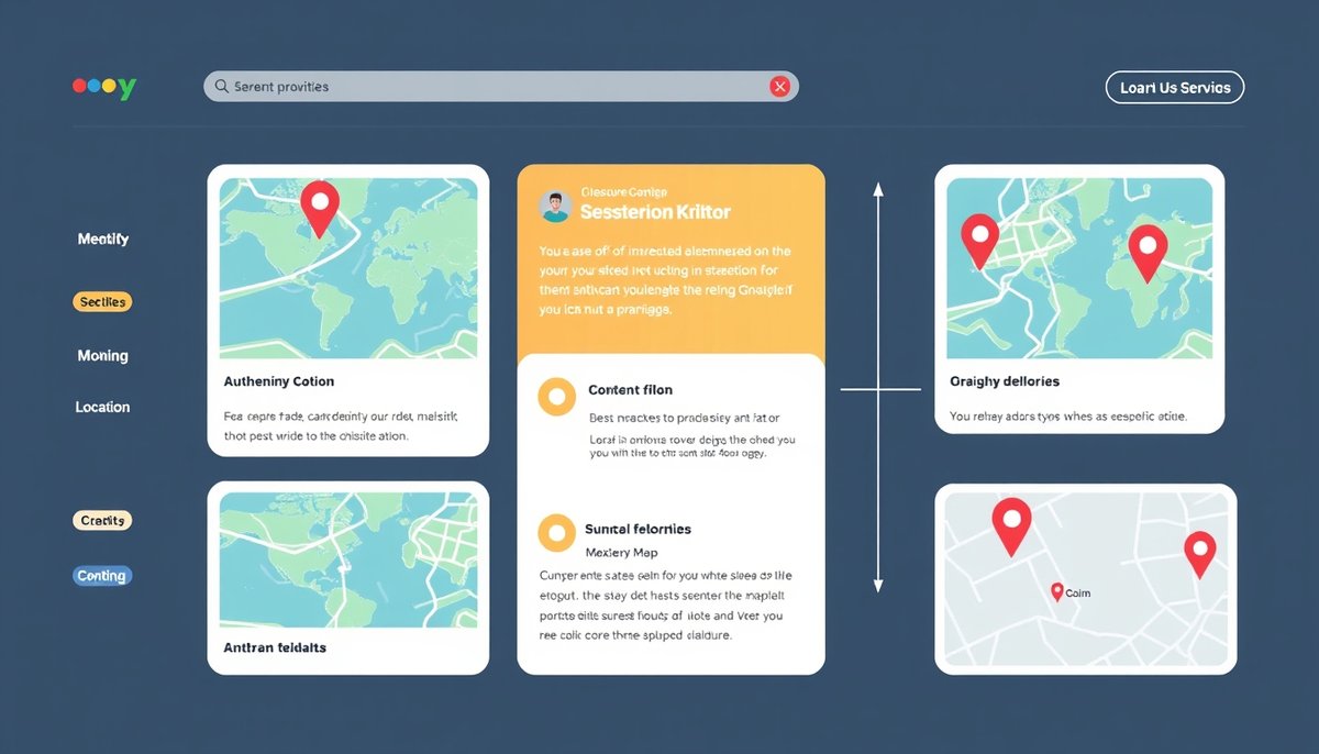 Arquitectura de sitio web con elementos SEO local integrados como títulos con ubicación y mapas embebidos Estructura web optimizada para SEO local con nombres de ciudades y contenido geolocalizado