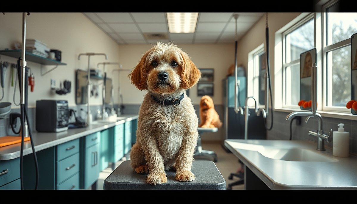 Interior de salón de peluquería canina licenciado con equipamiento profesional
