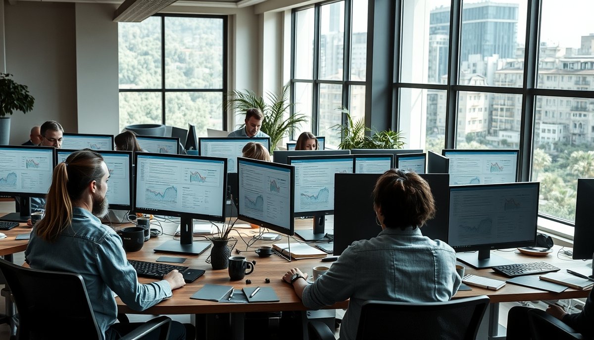 Oficina moderna con profesionales usando CRM con IA en múltiples pantallas
