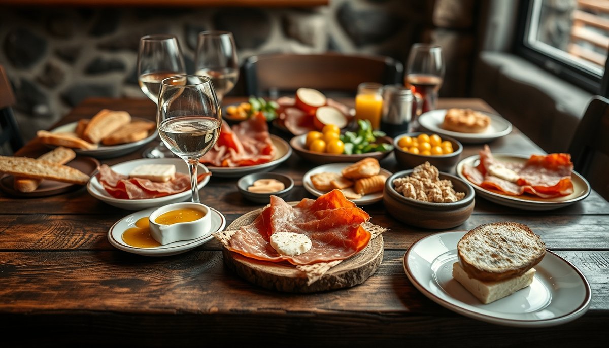 Tapas típicas extremeñas: jamón ibérico, queso Serena y aceitunas en taberna tradicional