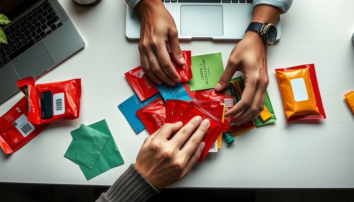 Proceso de toma de decisiones cromáticas para branding con muestras de productos y paletas de colores digitales Emprendedor organizando muestras coloridas para estrategia de marca