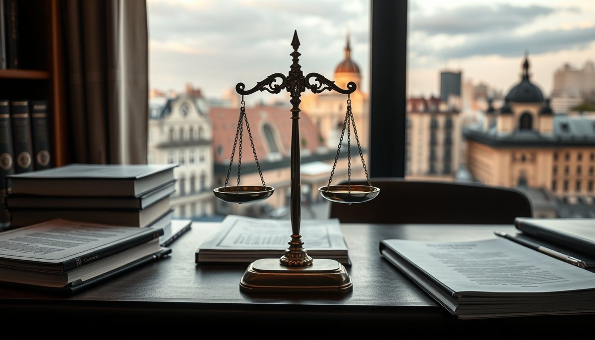 Símbolo de justicia y éxito en defensa penal con vistas al skyline de Madrid desde despacho de abogado especialista Balanza justicia despacho abogado Madrid skyline símbolo defensa penal exitosa