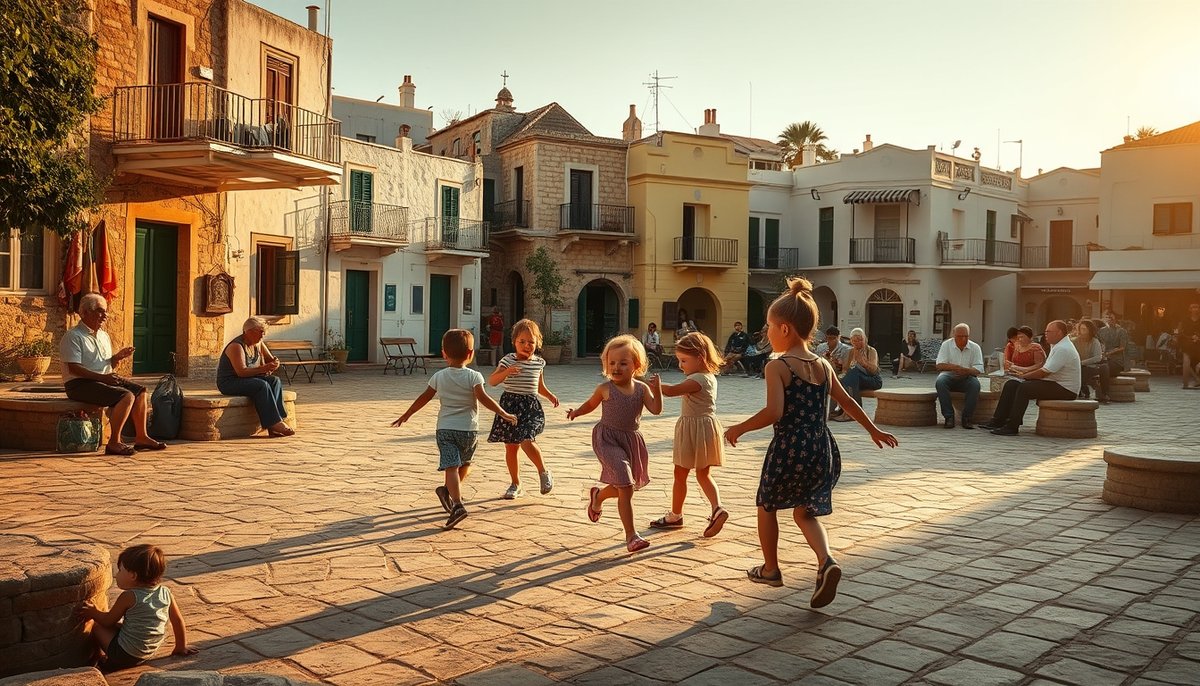 Comunidad local de Tabarca con niños jugando y ancianos conversando en plaza con arquitectura tradicional Niños jugando en plaza de Tabarca con vida comunitaria y casas tradicionales de fondo