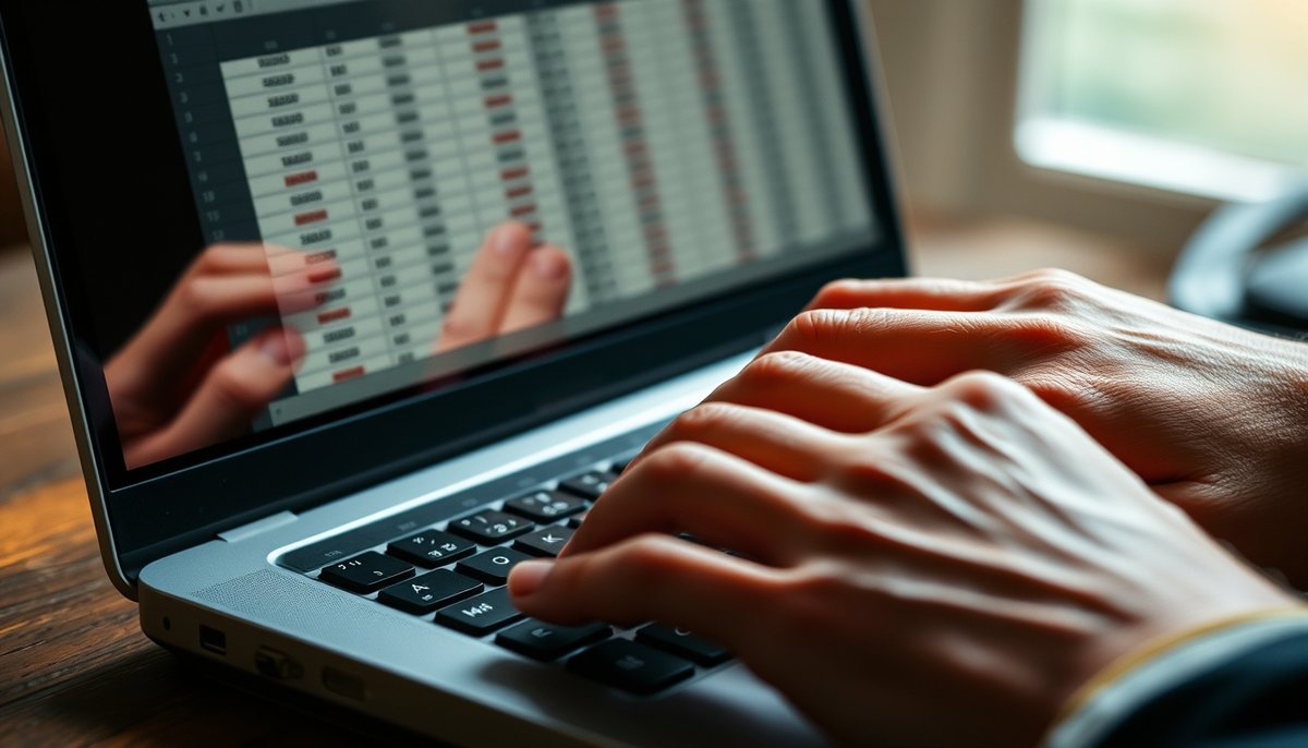 Manos calculando MRR en laptop con hoja de cálculo financiera y datos de ingresos recurrentes