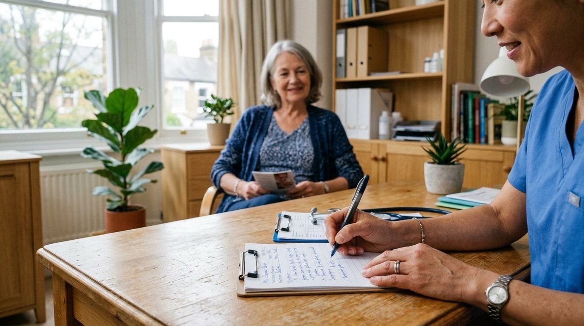 Consulta médica con profesional tomando notas durante sesión de acupuntura
