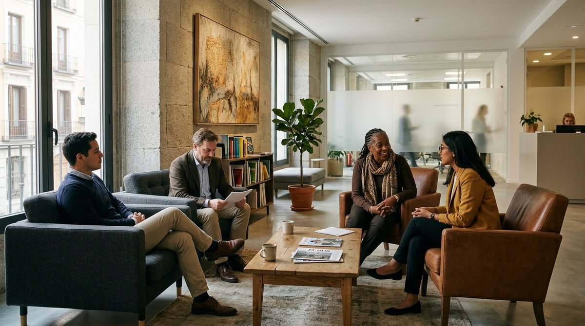 Clientes de diferentes orígenes esperando consulta de inmigración en oficina legal moderna de Madrid con folletos informativos Sala de espera con clientes diversos en despacho de abogados de extranjería en Madrid