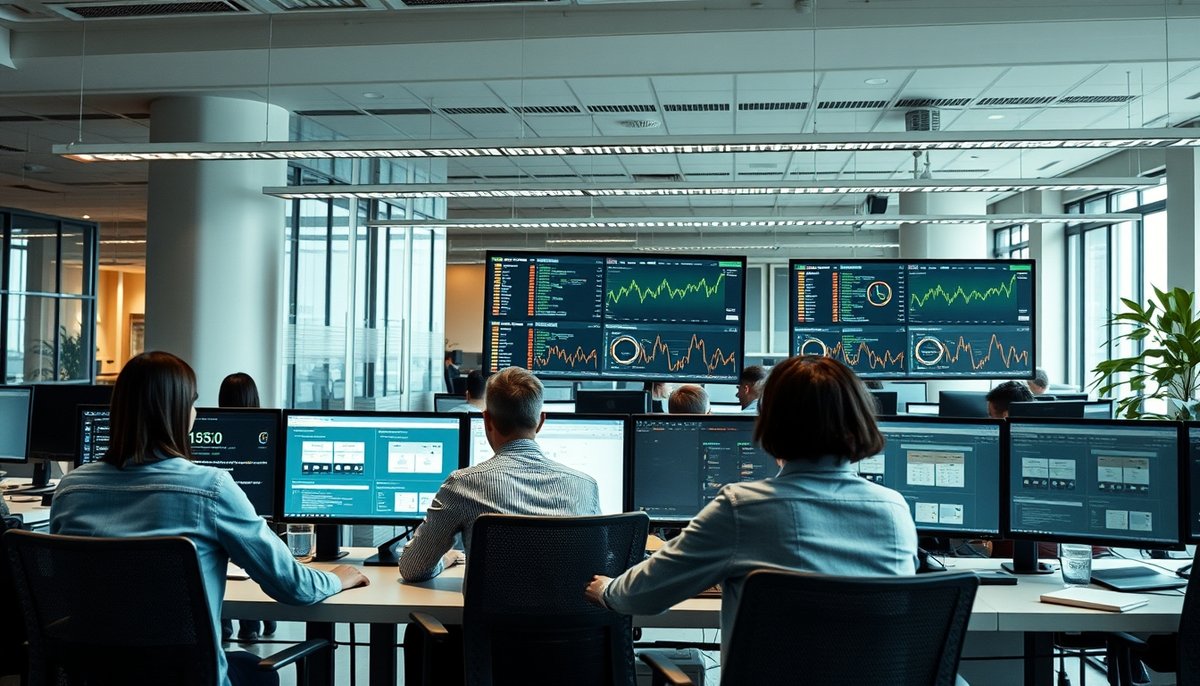 Oficina fintech con análisis de métricas SaaS y logos de plataformas RBF líderes