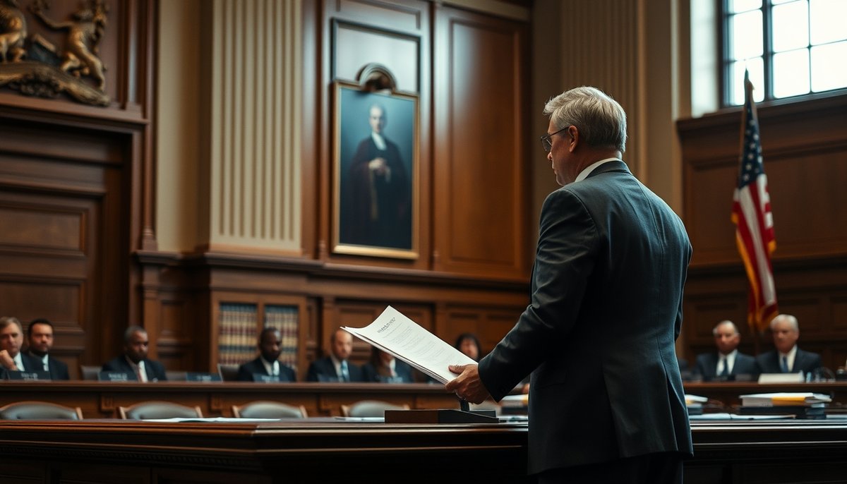 Abogado penalista profesional defendiendo caso en tribunal español, demostrando experiencia en litigación criminal Abogado defensor presentando alegatos en tribunal penal durante juicio