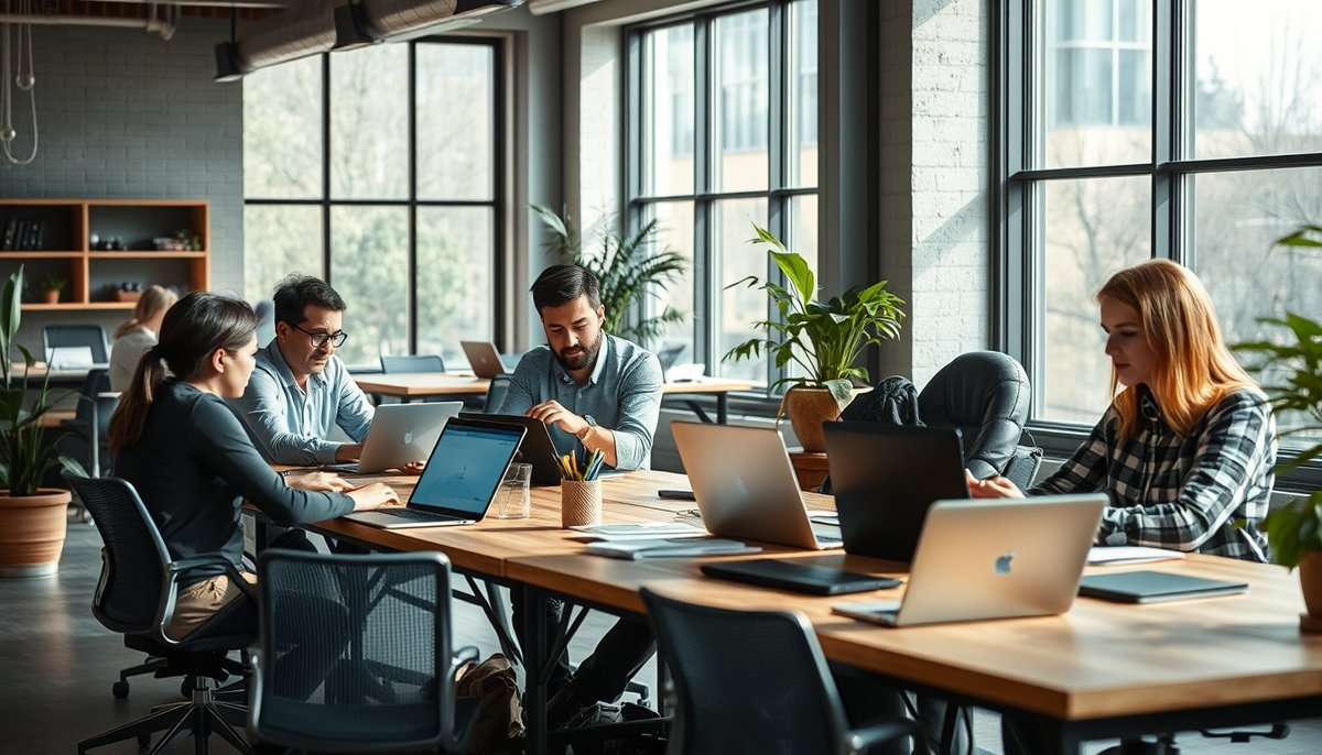 Espacio de aceleradora moderna con startups y mentores colaborando en España