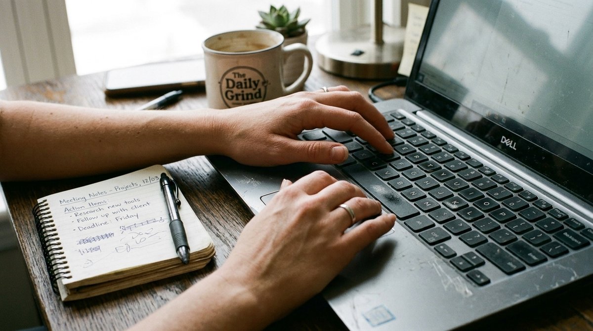 Manos escribiendo en laptop para registrar dominio web con extensiones .com y .es