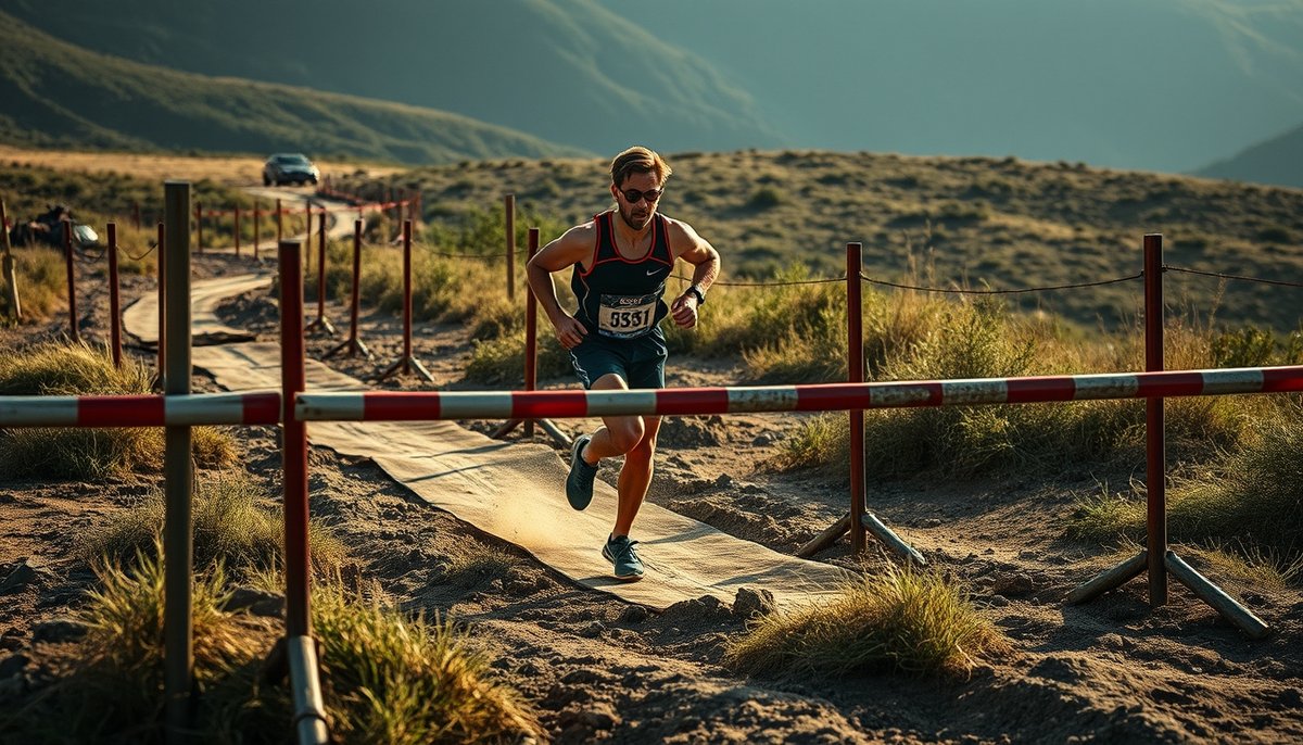 Metáfora visual del fundraising como maratón de obstáculos representando perseverancia y estrategia en financiación Corredor de maratón superando obstáculos simbolizando el desafío del fundraising para startups