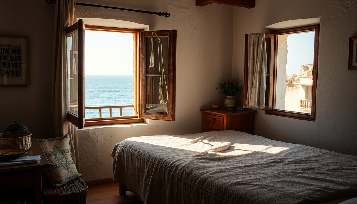 Interior de habitación en alojamiento de Tabarca con ventanas al Mediterráneo y decoración tradicional de la isla Habitación acogedora en alojamiento de Tabarca con vistas al mar y decoración mediterránea