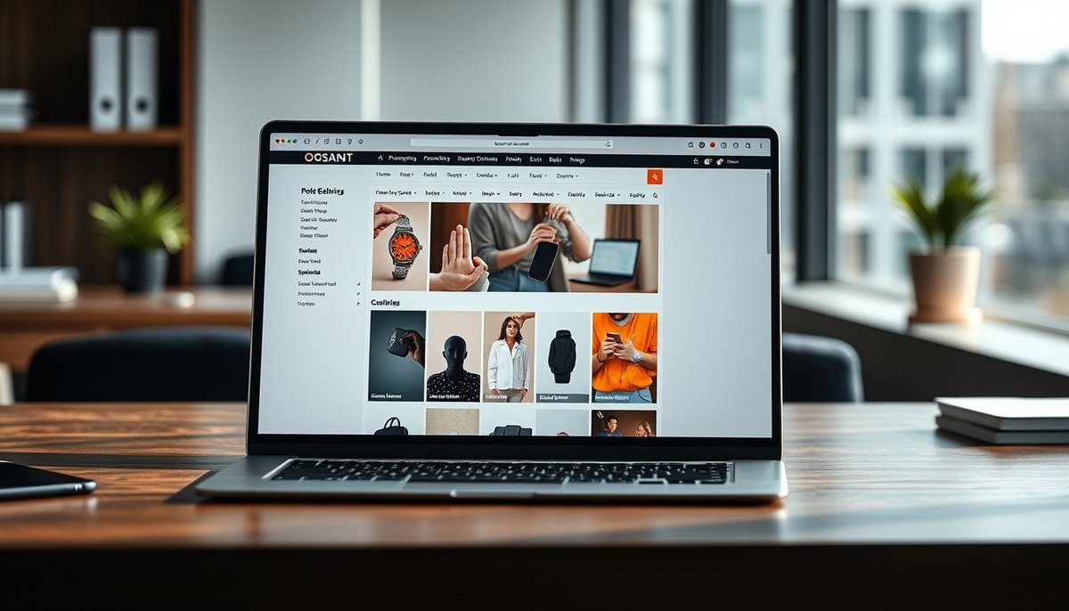 Pantalla de laptop mostrando interfaz e-commerce WordPress con elementos WooCommerce, galerías de productos y opciones de personalización Tienda online WooCommerce en laptop con productos y carrito compra