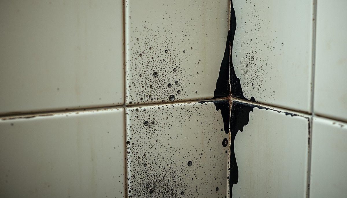 Condensación en baño con gotas de agua y moho negro en esquinas mal ventiladas