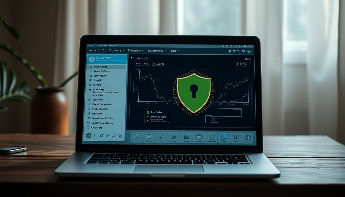 Pantalla laptop con interfaces de seguridad hosting y protección digital