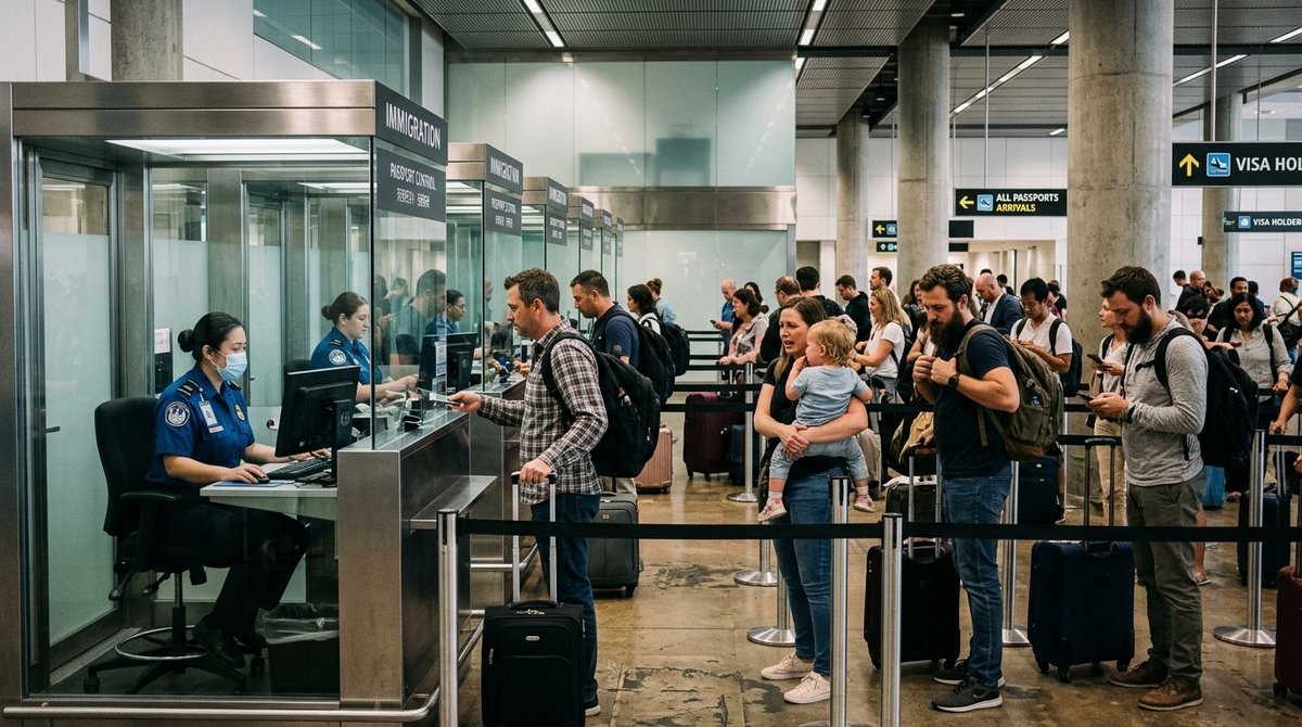 Proceso de control de inmigración en España: oficiales revisando documentación de turistas extracomunitarios en aeropuerto Control fronterizo español en aeropuerto con oficiales revisando pasaportes y documentos de viajeros