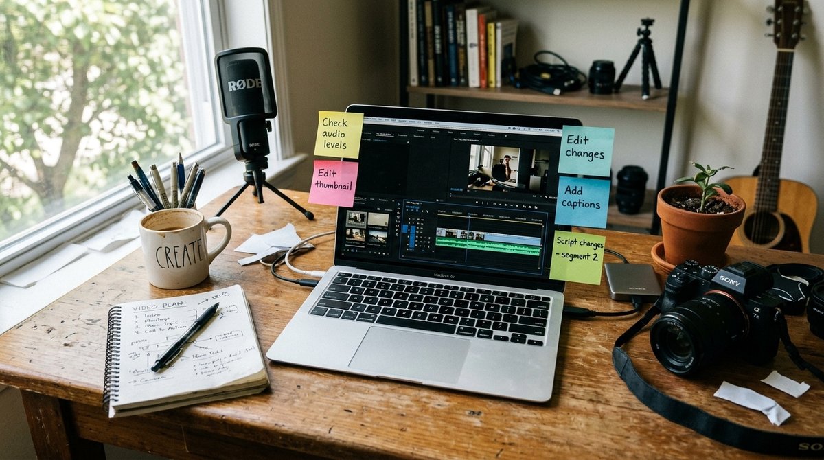 Escritorio de creador con notas de títulos y laptop mostrando interface de subida de YouTube