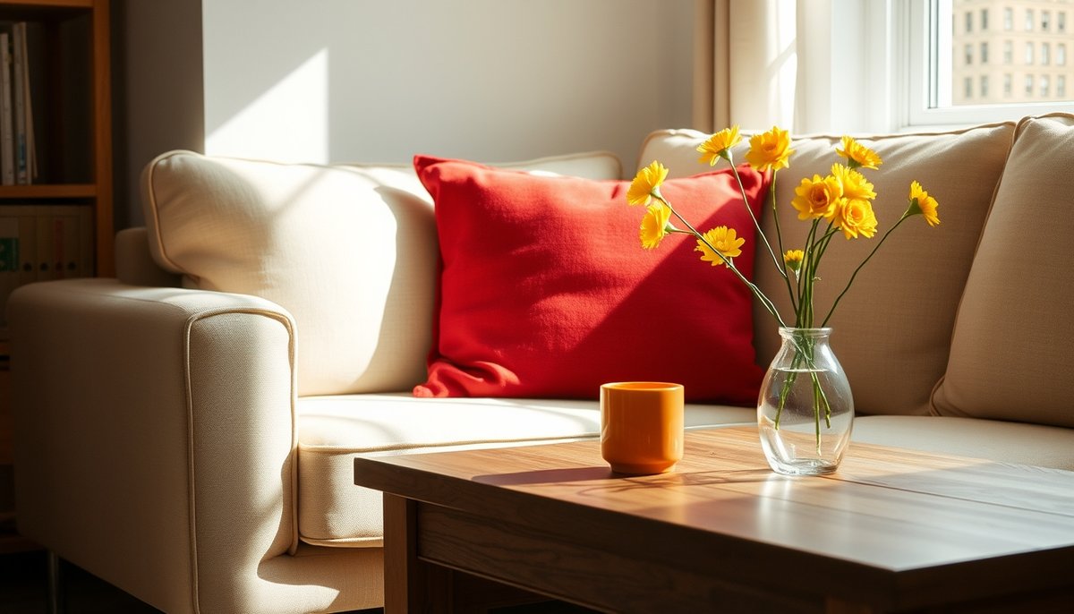 Ambiente hogareño con colores cálidos como rojo, naranja y amarillo creando sensación energizante y acogedora Sala de estar acogedora con elementos decorativos de colores cálidos