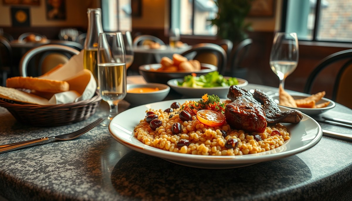 Menú del día completo con migas extremeñas y carne en restaurante familiar